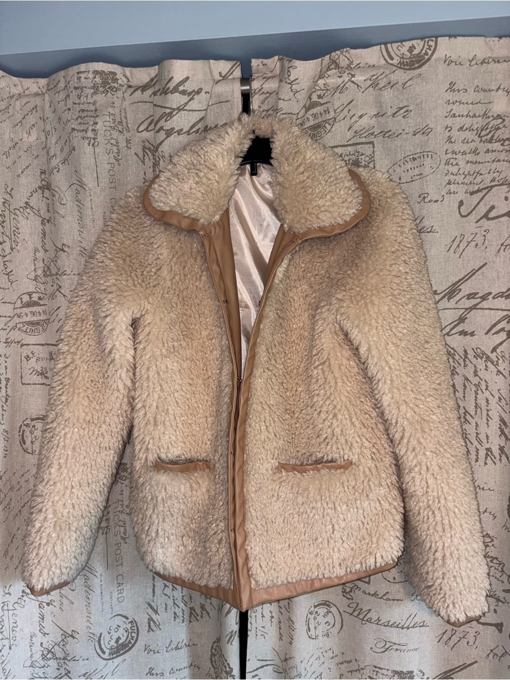 Women's Cream Sherpa Jacket with Tan Trim